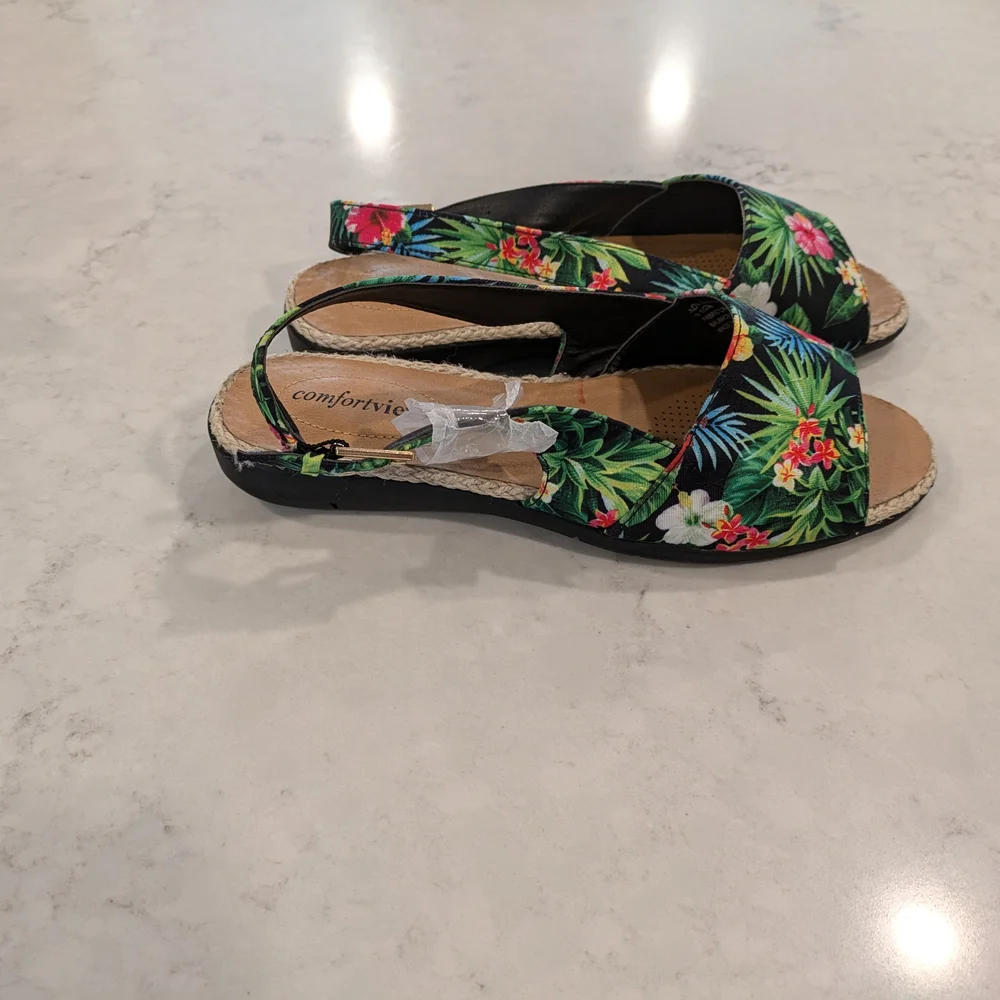 Comfortview Women's Size 9.5 Floral Sandals - Black Pink and Green